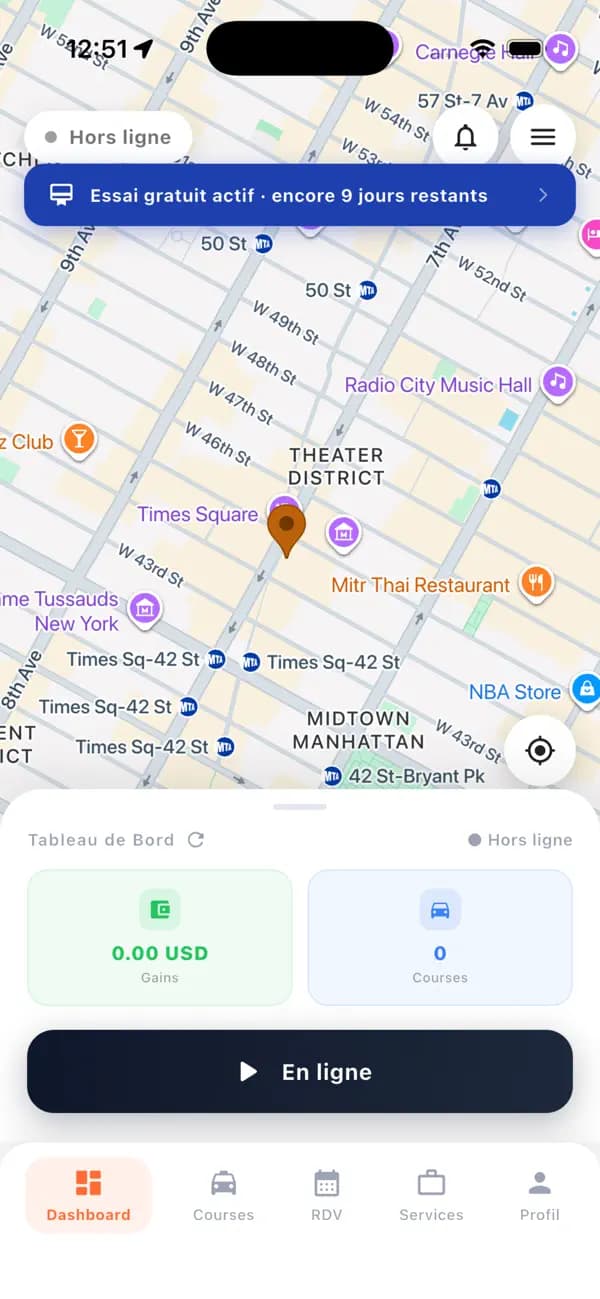 Driver dashboard with a live map in the AtlasMove app