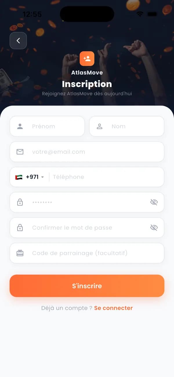 Sign-up screen of the AtlasMove app